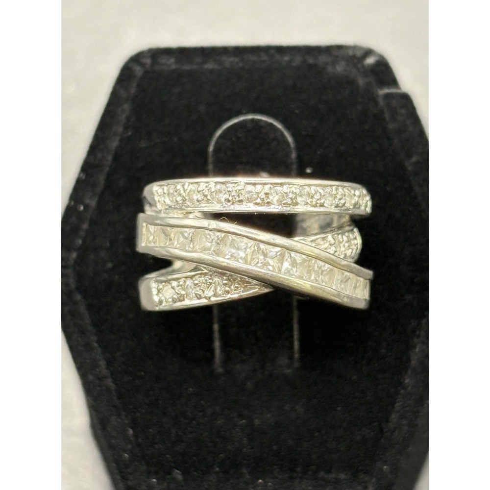 EUC Sterling Silver Triple Crossover Cubic Zirconia Ring 7 Grams Size 5.25 H10